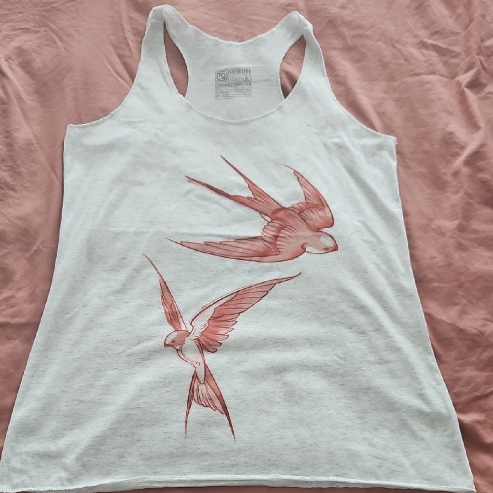 Stylish Bird Tank Top - White with Red Design
